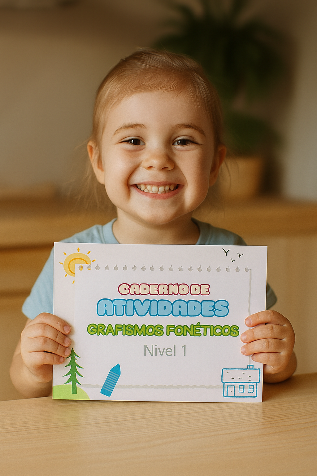 Criança sorrindo com material de atividades